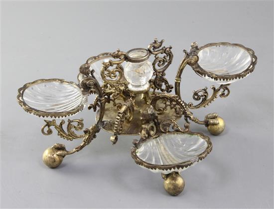 A late 18th/early 19th century German? silver gilt table condiment stand, height 4in.